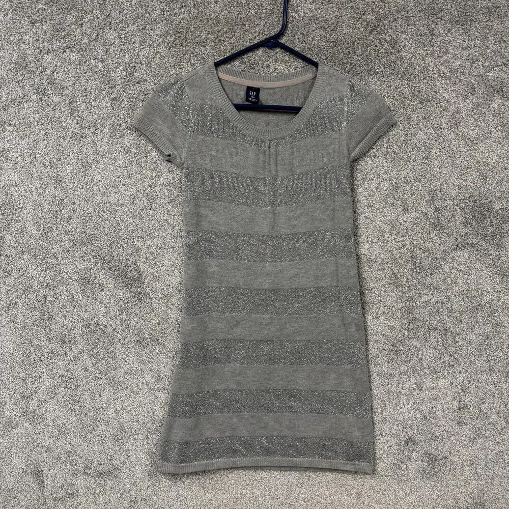 Gap Kids Sweater Dress Girls Size XL Gray Silver Striped Metallic Short Sleeve
